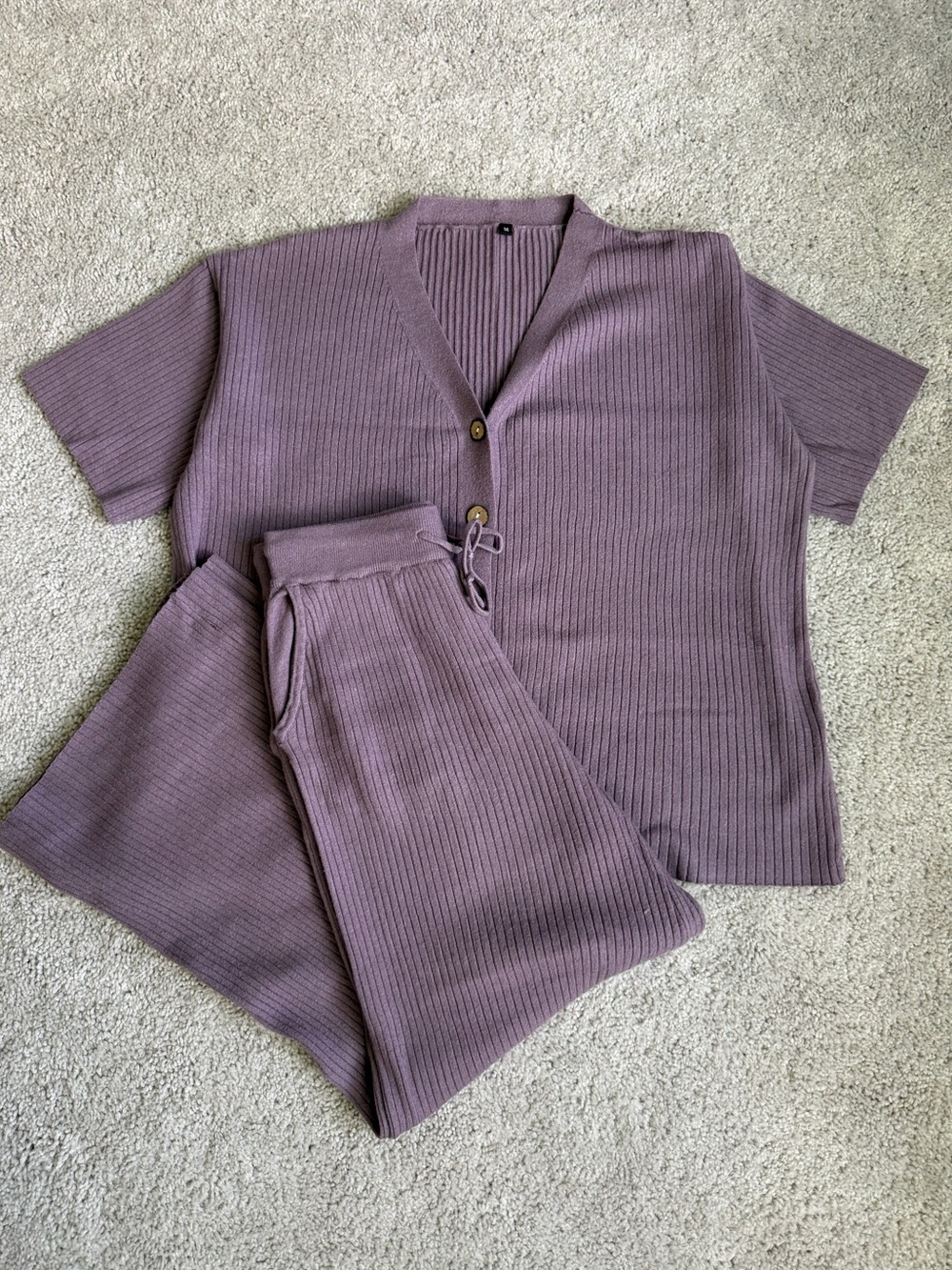 Purple Ribbed Knit Wide Leg Pants Matching Set Size Medium